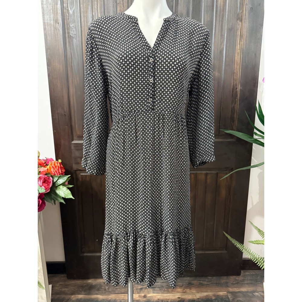 Old Navy Womens Black White Floral Button V-Neck Ruffle Hem Midi Dress Large